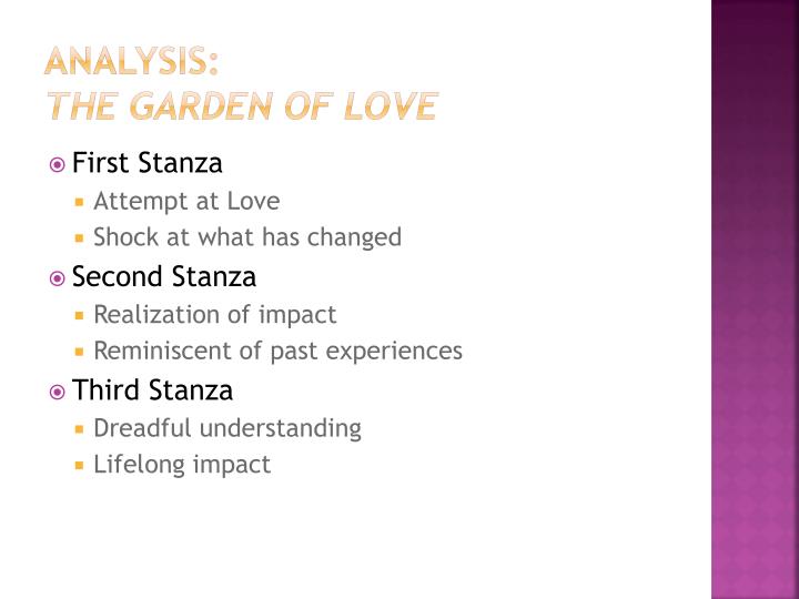 an analysis of the garden of love Free essay: analysis of poem, the garden of love from william blake's songs of innocence and experience blake's poems are divided into two sections, songs of. an analysis of the garden of love Free essay: analysis of poem, the garden of love from william blake's songs of innocence and experience blake's poems are divided into two sections, songs of.