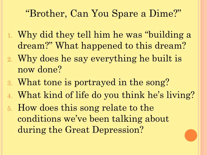 PPT - BELLWORK PowerPoint Presentation - ID:1939800 - Bing Crosby Brother Can You Spare A Dime Lyrics