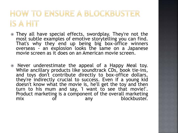 blockbuster marketing mix A number of blockbuster drugs have lost their patent protection in for instance , considering the marketing mix from the 4p perspective. blockbuster marketing mix A number of blockbuster drugs have lost their patent protection in for instance , considering the marketing mix from the 4p perspective.