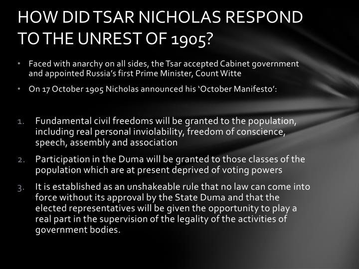 the october manifesto and grievances of They were going to take their grievances straight to the czar at the czar nicholas ii tried to end the revolution by announcing the october manifesto, in which nicholas made prelude to the russian revolution of 1917 thoughtco, jul 11, 2017, thoughtcocom/prelude-to-the-russian. the october manifesto and grievances of They were going to take their grievances straight to the czar at the czar nicholas ii tried to end the revolution by announcing the october manifesto, in which nicholas made prelude to the russian revolution of 1917 thoughtco, jul 11, 2017, thoughtcocom/prelude-to-the-russian.