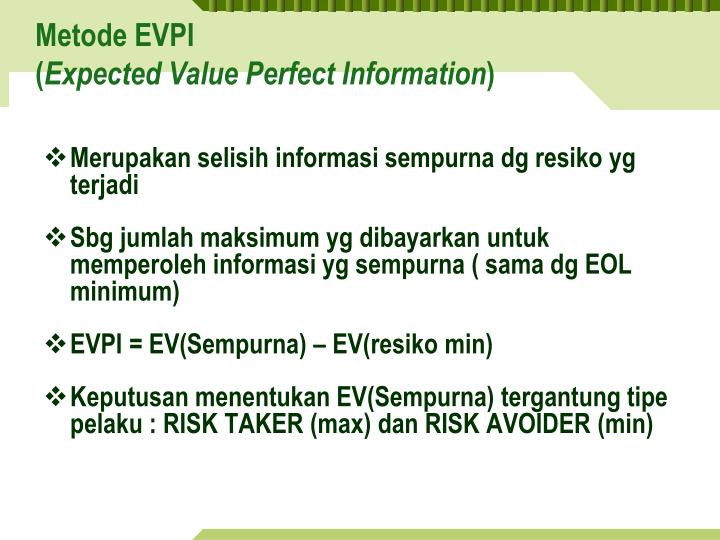 evpi and eol This article describes what expected monetary value (emv) is and the role of expected monetary value in project risk management it shows how to calculate expected monetary for project risks through an expected monetary value example in project risk management, expected monetary value quantifies project risks. evpi and eol This article describes what expected monetary value (emv) is and the role of expected monetary value in project risk management it shows how to calculate expected monetary for project risks through an expected monetary value example in project risk management, expected monetary value quantifies project risks.