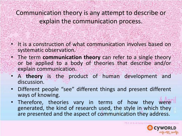 explain communication theories how the Communication theory is a field of information theory and mathematics that studies the technical process of information and the process of human communication. explain communication theories how the Communication theory is a field of information theory and mathematics that studies the technical process of information and the process of human communication.