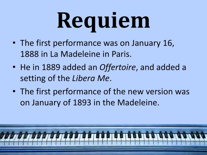 gabriel urbain faure and his requiem mass essay Gabriel fauré composed his requiem in d minor , op 48, between 1887 and 1890 the choral - orchestral setting of the shortened catholic mass for the dead in latin. gabriel urbain faure and his requiem mass essay Gabriel fauré composed his requiem in d minor , op 48, between 1887 and 1890 the choral - orchestral setting of the shortened catholic mass for the dead in latin.