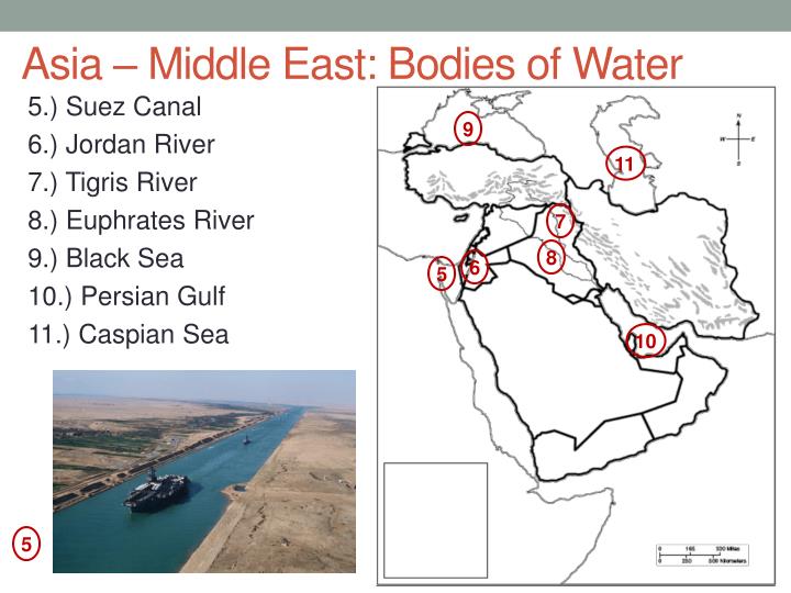 What are the bodies of water in the Middle East?