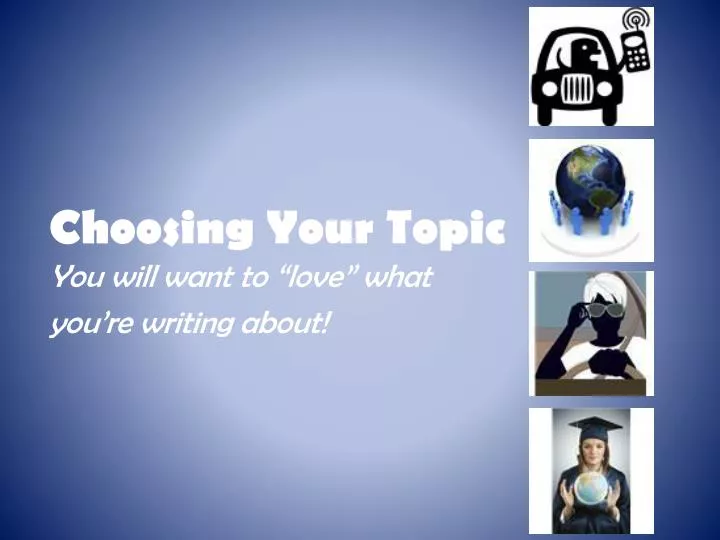 selecting a topic to write about The process described here simplifies choosing a topic for a research paper and narrowing it down those who go through the steps outlined by this process will be able to identify their topics more precisely while making their research efforts more efficient. selecting a topic to write about The process described here simplifies choosing a topic for a research paper and narrowing it down those who go through the steps outlined by this process will be able to identify their topics more precisely while making their research efforts more efficient.