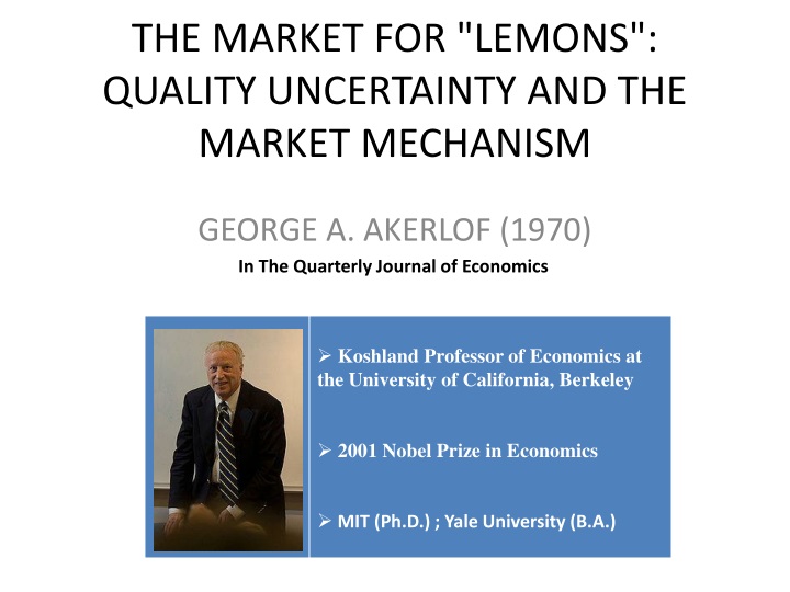 the market for lemons The market for lemons in a groundbreaking paper 40 years ago, economist george akerlof explained why so many used cars are lemons. the market for lemons The market for lemons in a groundbreaking paper 40 years ago, economist george akerlof explained why so many used cars are lemons.