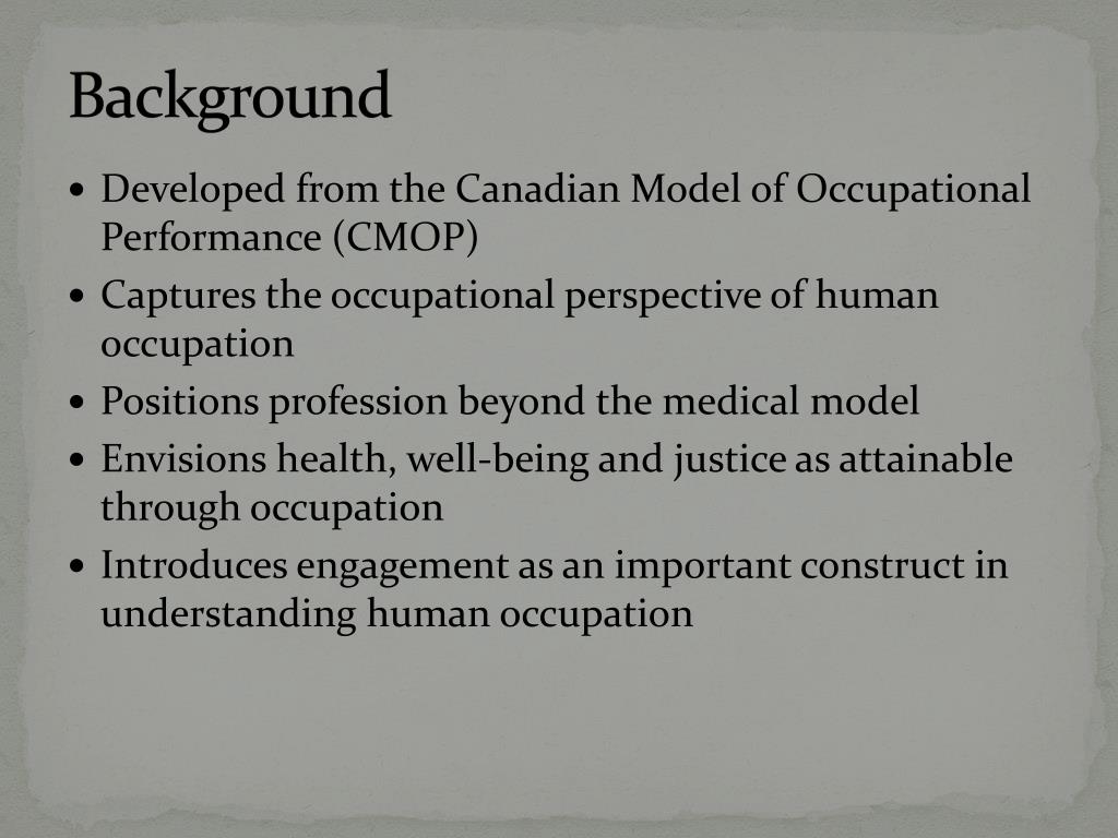 Canadian Model of Occupational Performance (CMOP-E). Published