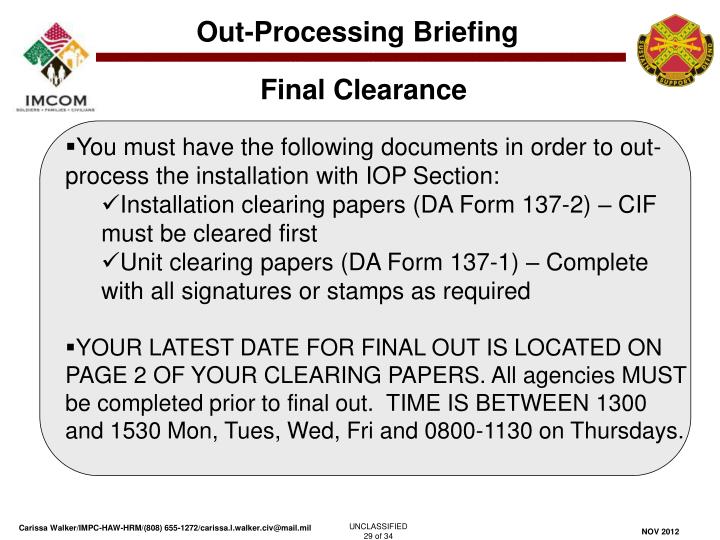 ppt in out processing iop section out processing briefing please da form 137 1