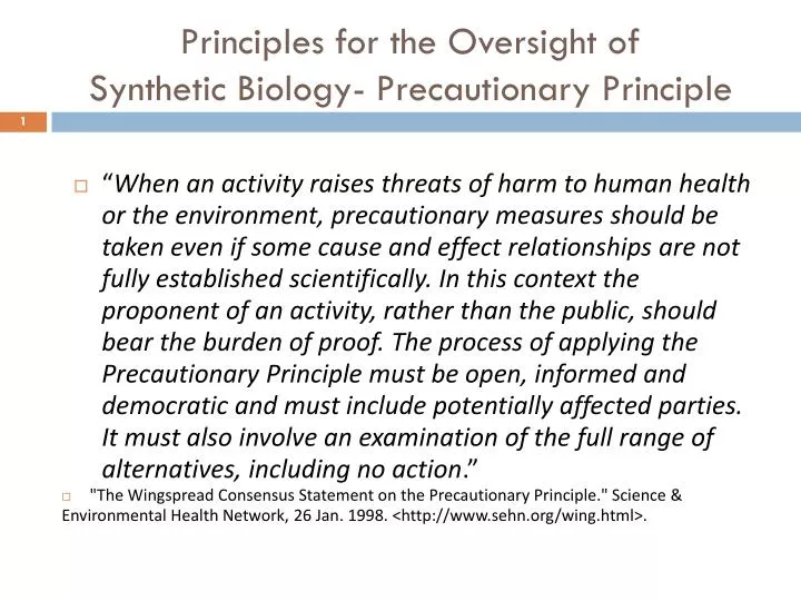 principles for the oversight of synthetic biology precautionary principle n.
