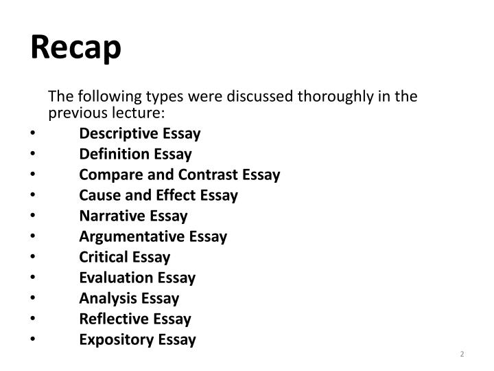 What Is A Thesis Statement In An Essay Examples The Following Types Were Discussed Thoroughly In The Previous Lecture Descriptive Essay Definition Essay Essay On Pollution In English also Simple Essays For High School Students Ppt Descriptive Essay Powerpoint Presentation Id Term Papers And Essays