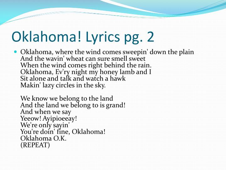 Oklahoma Song Where The Wind Comes Sweeping PPT - Intro to Musical Theatre PowerPoint Presentation - ID:1631510