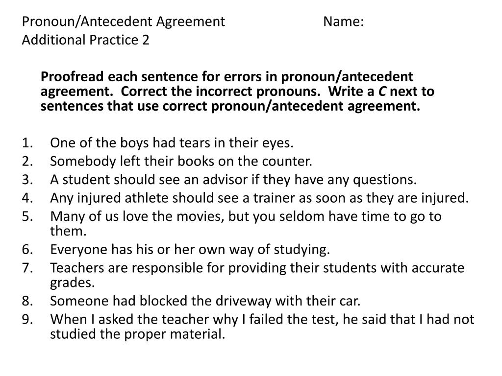 Weekly Grammar Worksheet Pronoun Antecedent Agreement Julie Faulkner Answers