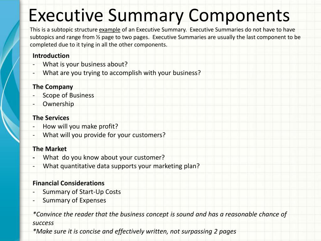 components of executive summary of business plan