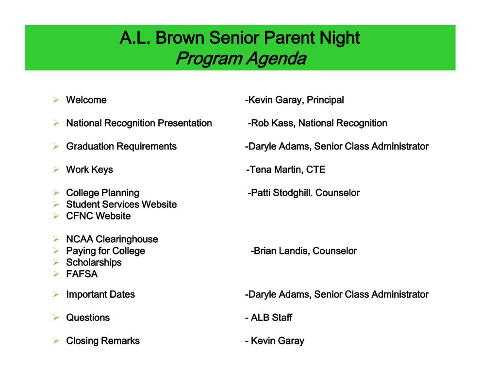 PPT - A.L. BROWN HIGH SCHOOL Senior Parent Night Tuesday, September 24 ...