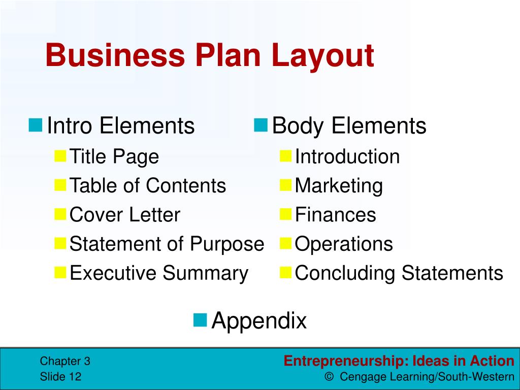 describe the layout of a business plan