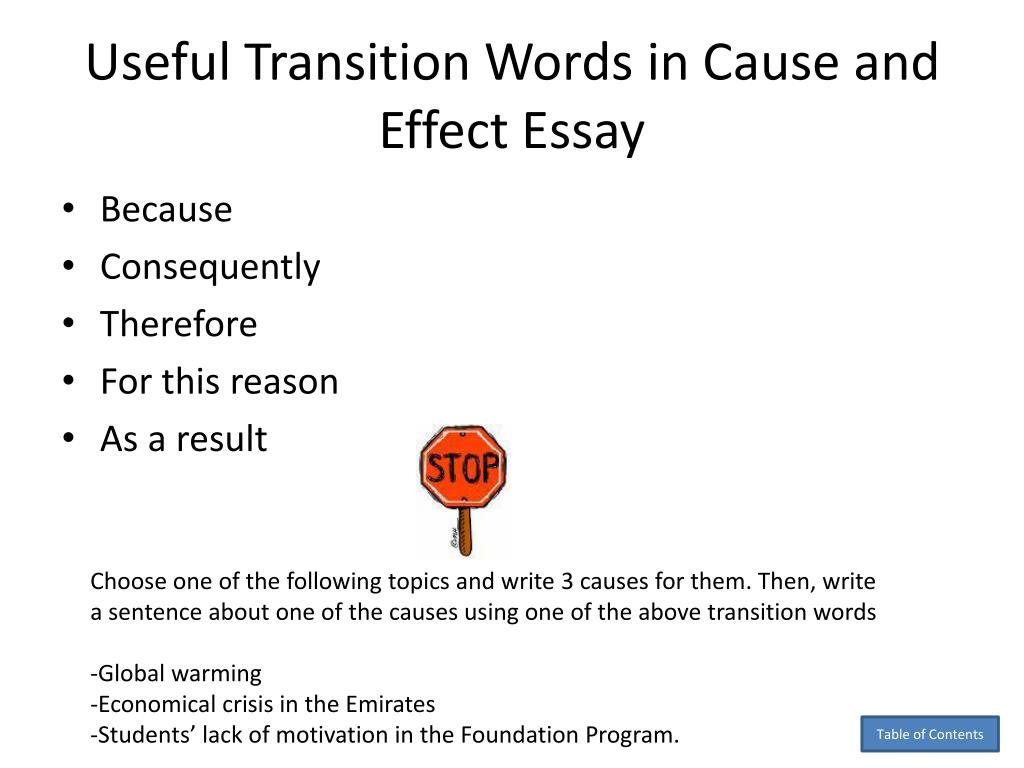 cause and effect essay transition words
