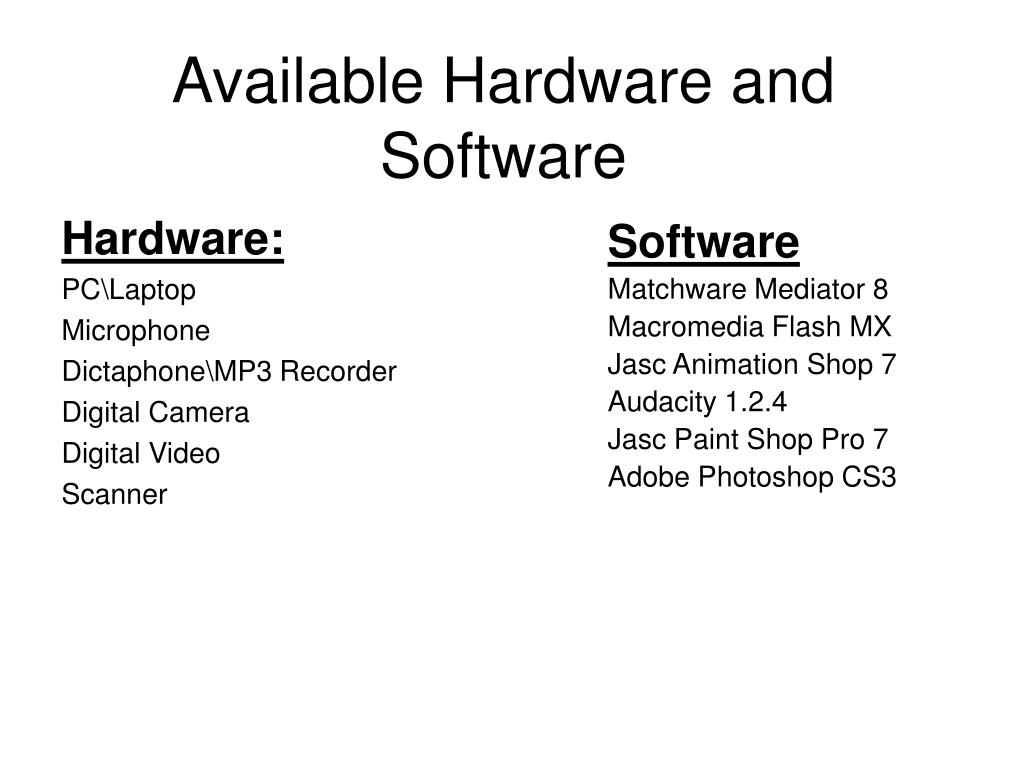 PPT - Available Hardware and Software PowerPoint Presentation, free  download - ID:1744657