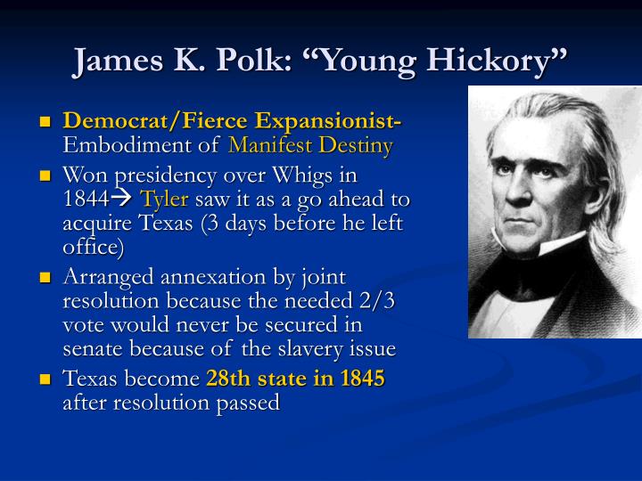 expansionism under james k polk James k polk, a member of the democratic party, took office as the 11th president of the united states on march 4, 1845 at age 49 polk served in office for 4 years and did not seek reelection after his first term. expansionism under james k polk James k polk, a member of the democratic party, took office as the 11th president of the united states on march 4, 1845 at age 49 polk served in office for 4 years and did not seek reelection after his first term.
