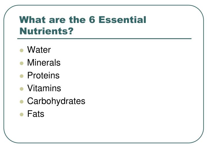 ppt the six essential nutrients powerpoint presentation id 1791092 what are the 6 essential nutrients