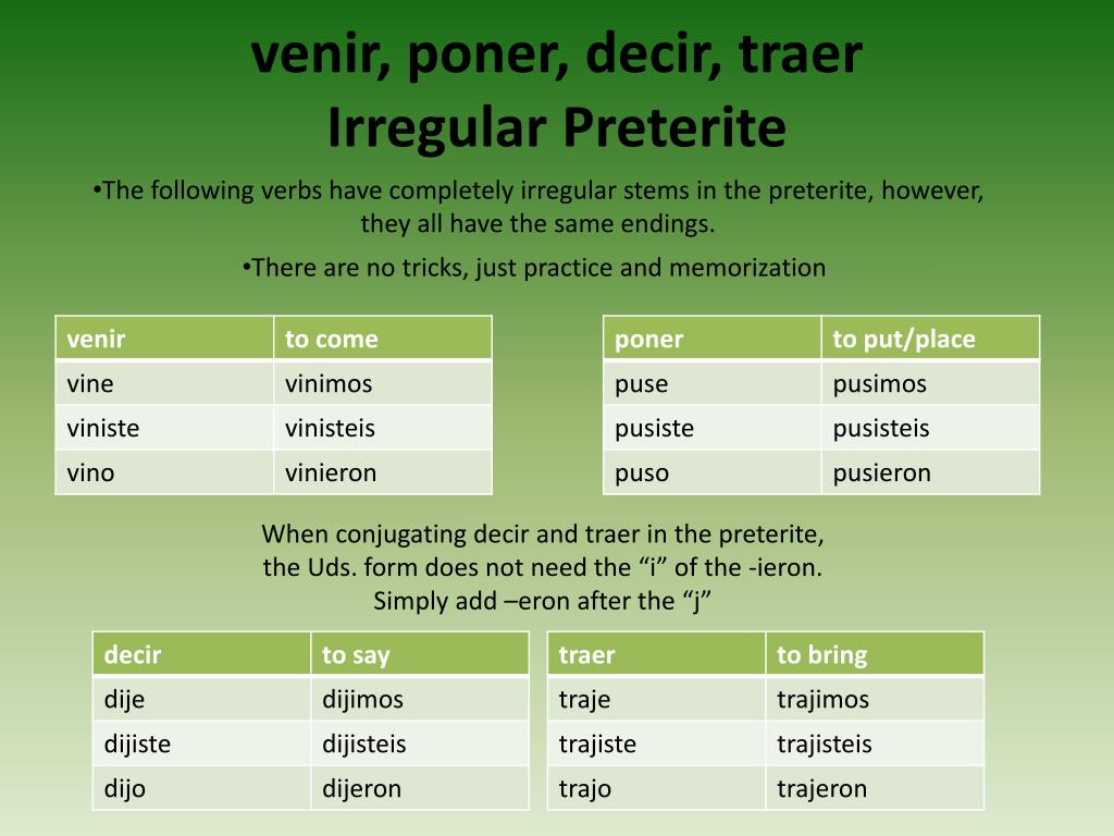 PPT Venir Poner Decir Traer Irregular Preterite PowerPoint 