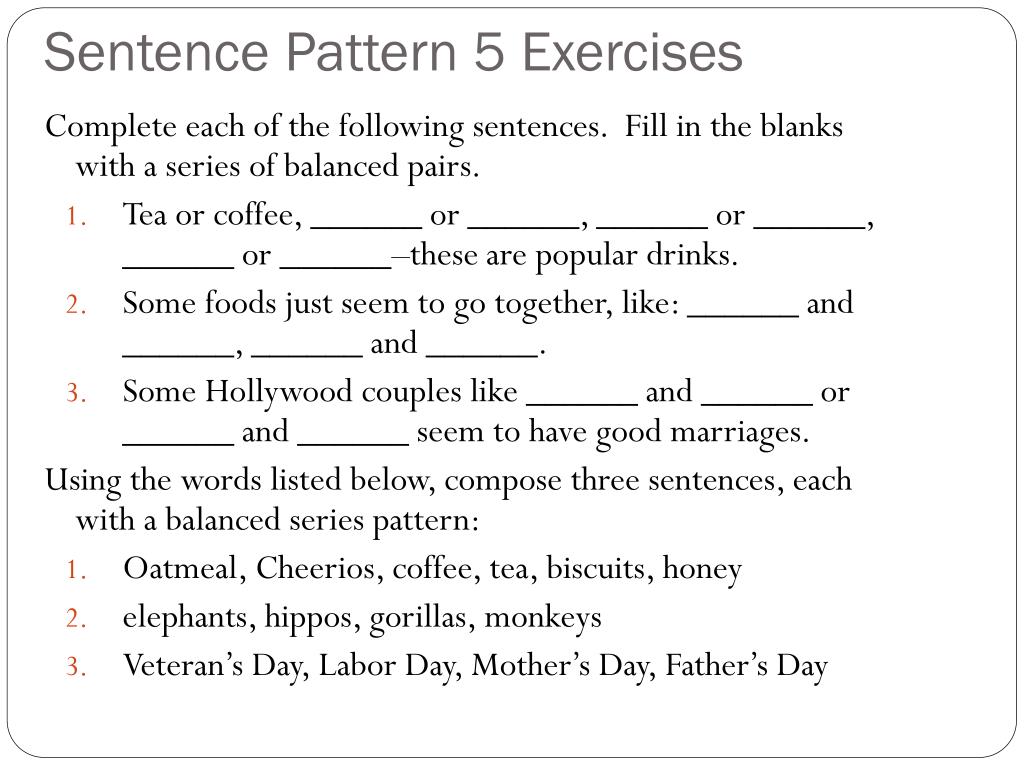 Five Basic Sentence Patterns Worksheets