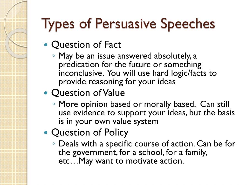 how many different types of persuasive speeches are there