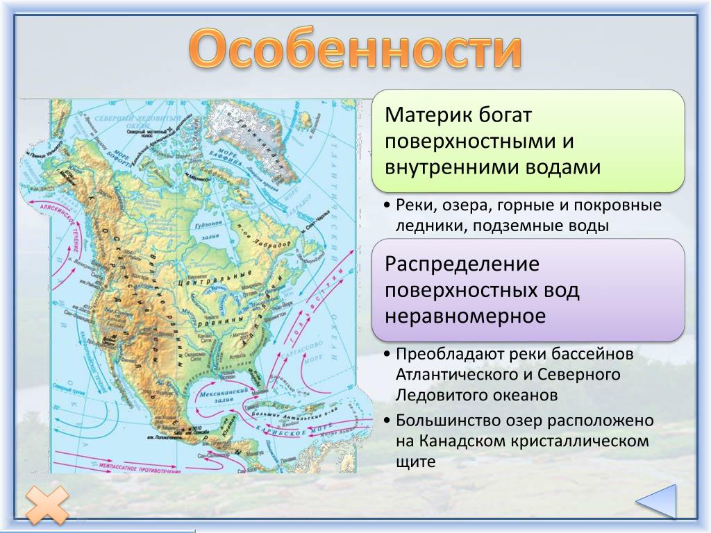 Особенности внутренних вод сша. Внутренние части материков. Материки особенности. Внутренние воды северных материков. Воды Северной Америки на карте.