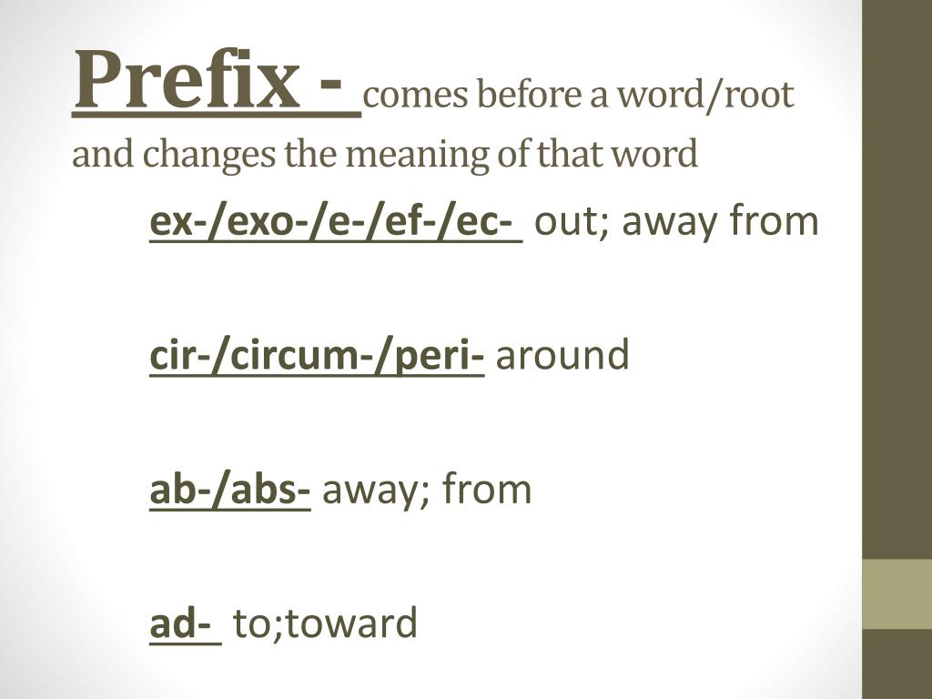 PPT - Prefix - comes before a word/root and changes the meaning of that  word PowerPoint Presentation - ID:1879133