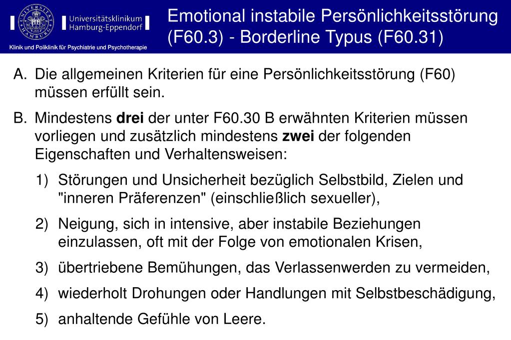 PPT Diagnostik und Therapie der Borderline Persönlichkeitsstörung (ICD10 F60.3) PowerPoint