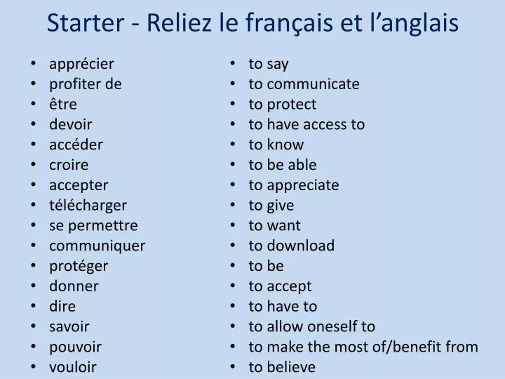 Ppt Starter Reliez Le Francais Et L Anglais Powerpoint Presentation Id 1902720