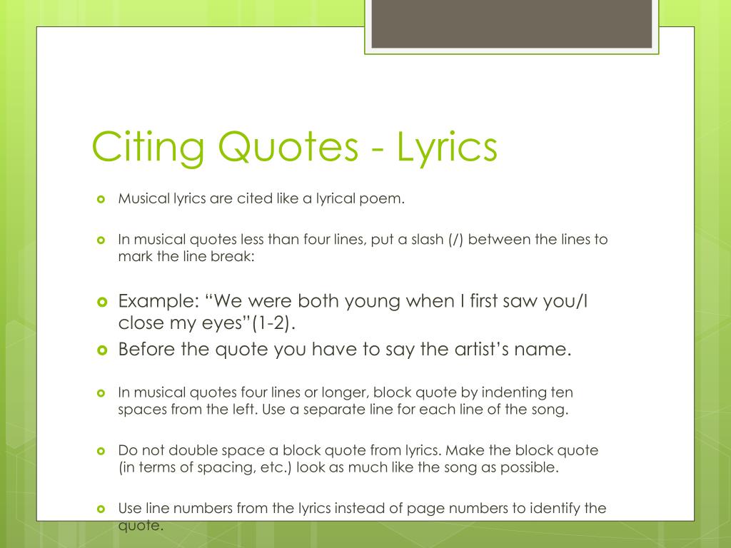 mla format in text citation song lyrics