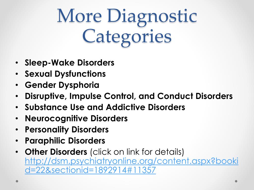 Sleep-Wake Disorders * Sexual Dysfunctions * Gender Dysphoria * Disruptive,...