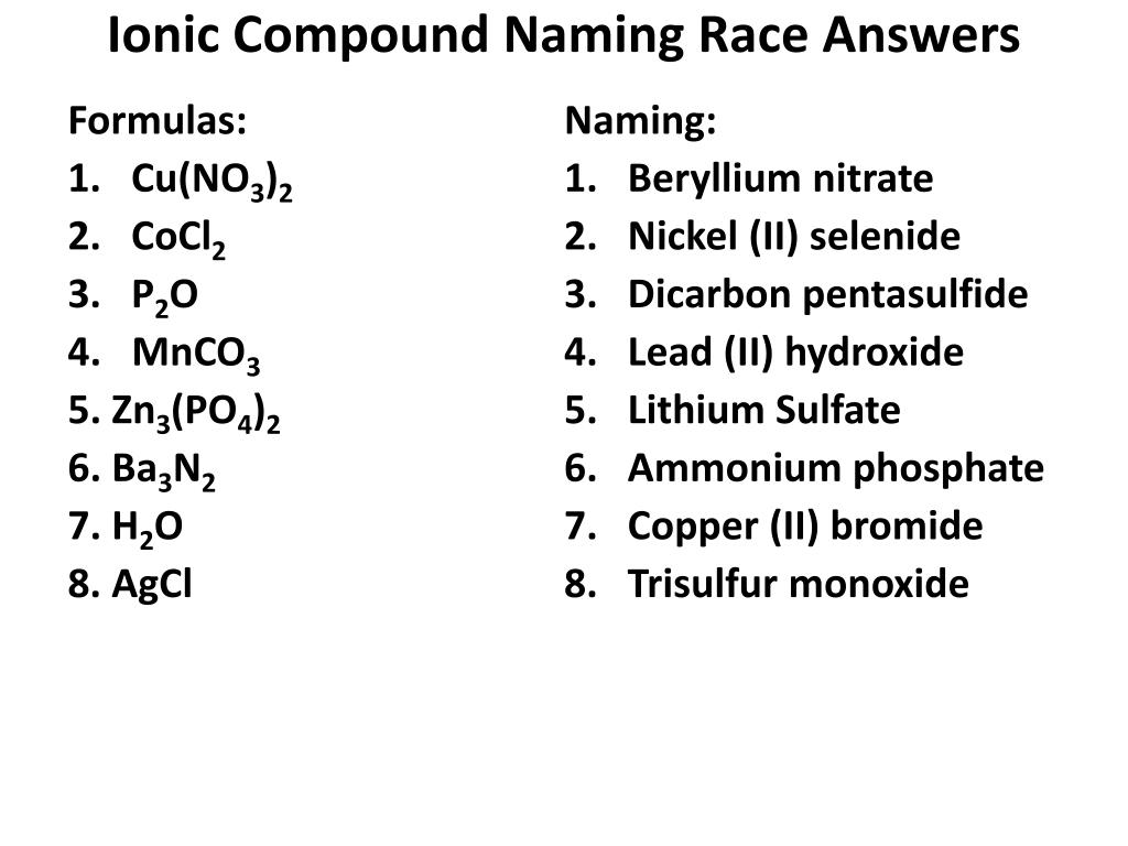PPT - Ionic Compound Naming Race Answers PowerPoint Presentation