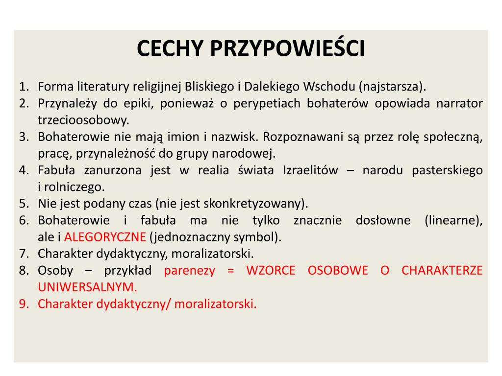 Cechy Przypowieści Jako Gatunku Literackiego PPT - PRZYPOWIEŚĆ? Jaki to gatunek? Narrator Miejsce Czas Bohaterowie