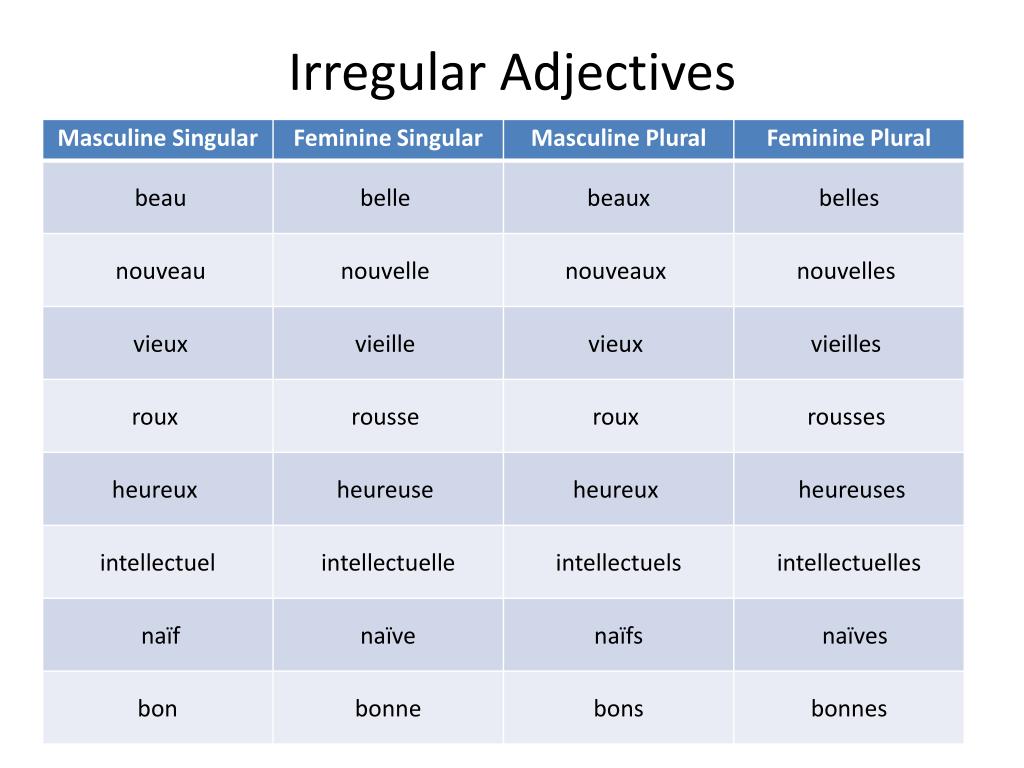 Irregular Adjectives French Exercises