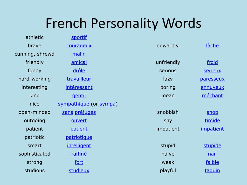 PPT French Personality Words PowerPoint Presentation Free Download 