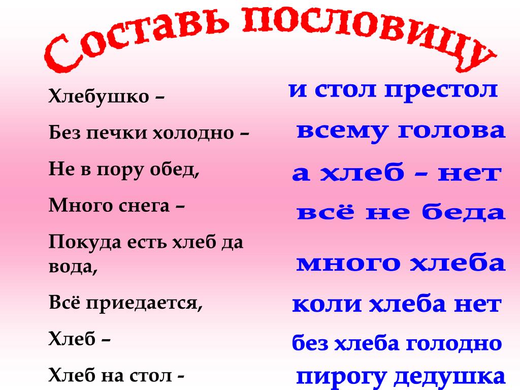 Выполните в виде блок схемы три пословицы покуда есть хлеб да вода все не беда