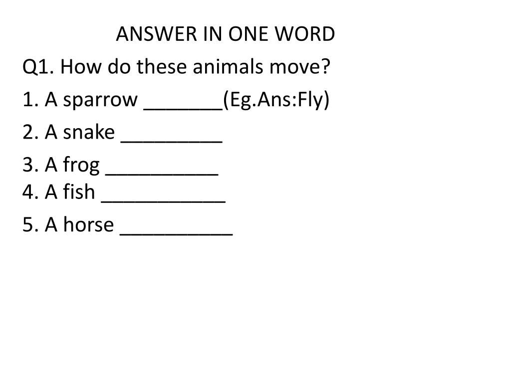 PPT - ANSWER IN ONE WORD Q1. How do these animals move? 1. A sparrow ______( :Fly ) PowerPoint Presentation - ID:2077921 PPT - ANSWER IN ONE WORD Q1. How do these animals move? 1. A sparrow ______( :Fly ) PowerPoint Presentation - ID:2077921