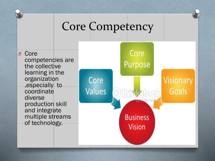 core competency Core competencies are the collective learning in the organisation, especially how to co-ordinate diverse production skills and integrate multiple streams of technologiescore competence is communication, involvement and a deep commitment to working across organisational boundariescore competence does not diminish with use unlike. core competency Core competencies are the collective learning in the organisation, especially how to co-ordinate diverse production skills and integrate multiple streams of technologiescore competence is communication, involvement and a deep commitment to working across organisational boundariescore competence does not diminish with use unlike.