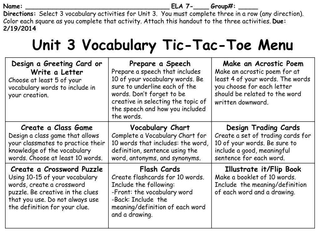 PPT - Unit 23 Vocabulary Tic-Tac-Toe Menu PowerPoint Presentation Pertaining To Tic Tac Toe Menu Template