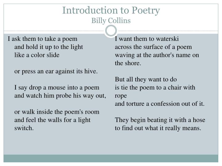 poet billy collins poem embrace Introduction to poetry by billy collins home / introduction to poetry is written in free verse, meaning the poem does not follow any preset patterns. poet billy collins poem embrace Introduction to poetry by billy collins home / introduction to poetry is written in free verse, meaning the poem does not follow any preset patterns.