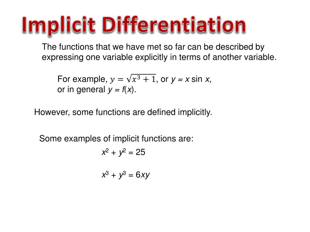 Implicitly typed. Implicit differentiation. Implicit function Theorem. Differentiate the implicit functions:. Implicit differentiation of function.