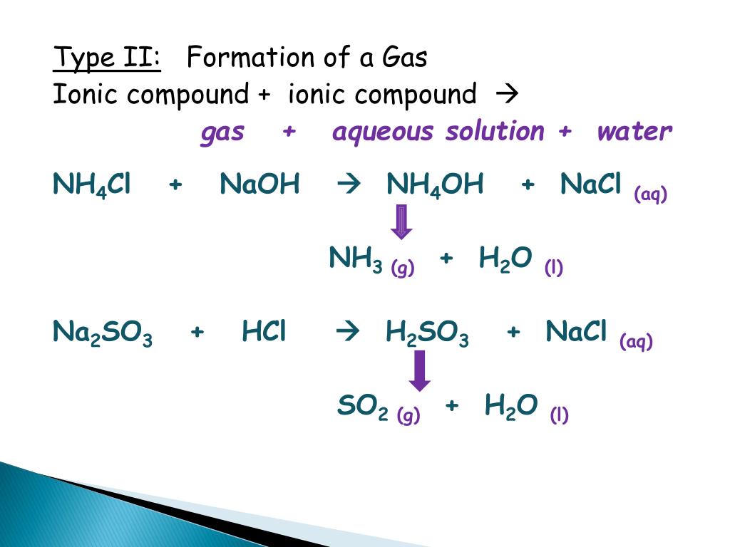 NH4OH + NaCl(aq) NH3 (g)+ H2O (l) Na2SO3 + HCl? 