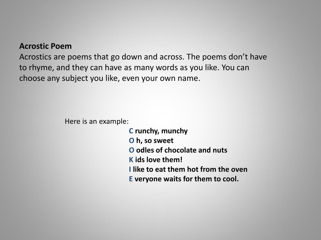 Ppt Acrostic Poem Acrostics Are Poems That Go Down And Across The Poems Don T Have Powerpoint Presentation Id Ppt Acrostic Poem Acrostics Are Poems That Go Down And Across The Poems Don T Have Powerpoint Presentation Id
