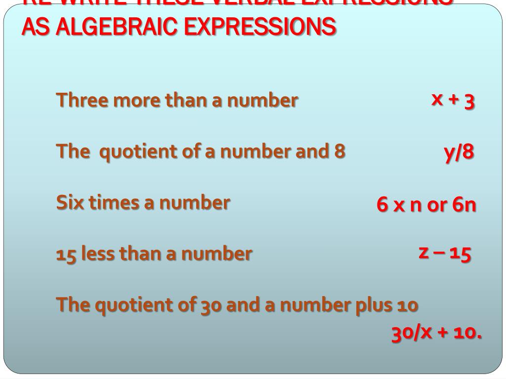 PPT - TRANSLATING VERBAL EXPRESSIONS TO ALGEBRAIC EXPRESSIONS