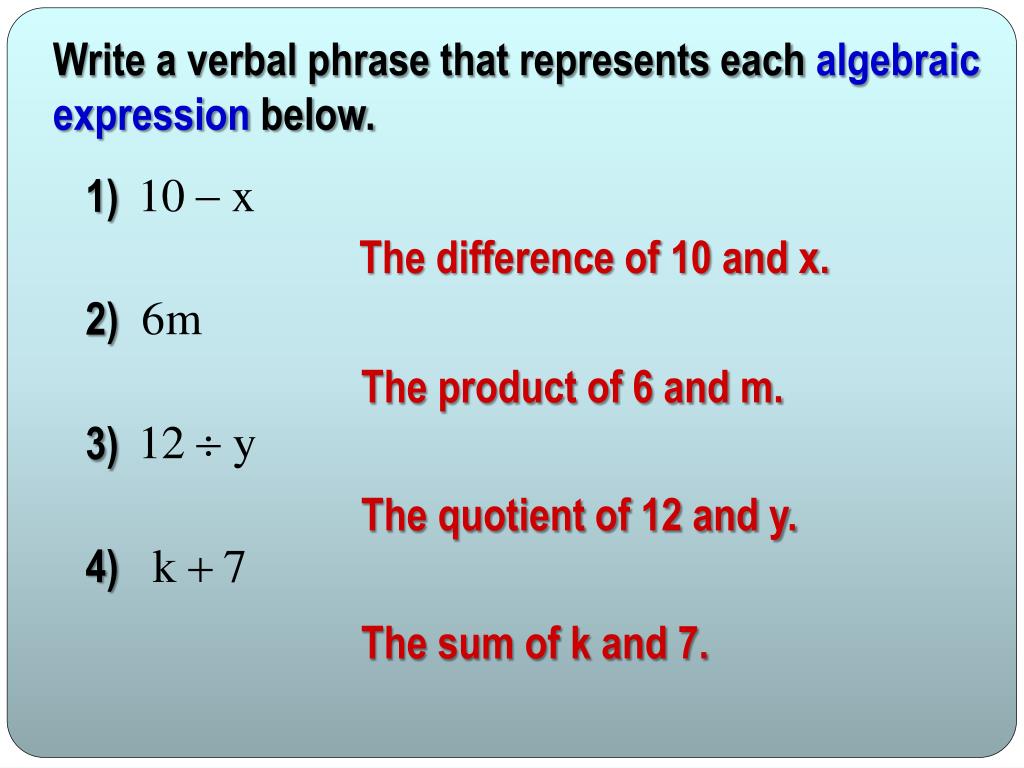 Ppt Translating Verbal Expressions To Algebraic Expressions Powerpoint Presentation Id