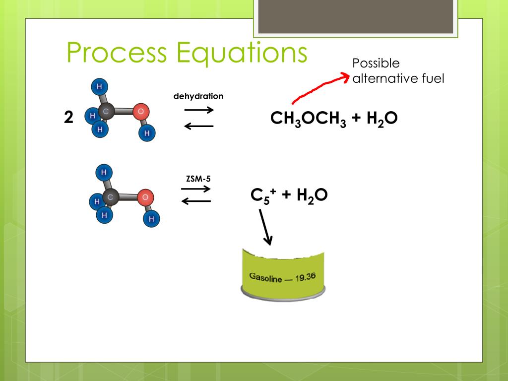 Process Equations dehydration 2 CH3OCH3 + H2O ZSM-5 C5+ + H2O.
