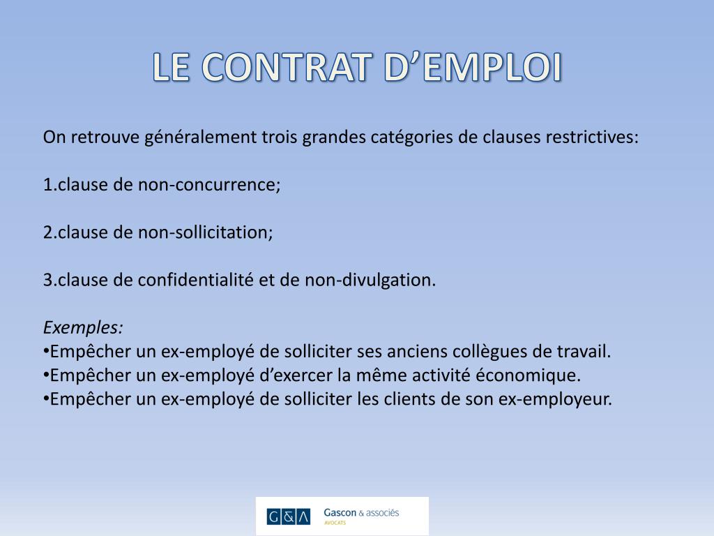 PPT - LES CLAUSES DE NON-CONCURRENCE Contrat d’emploi et vente d