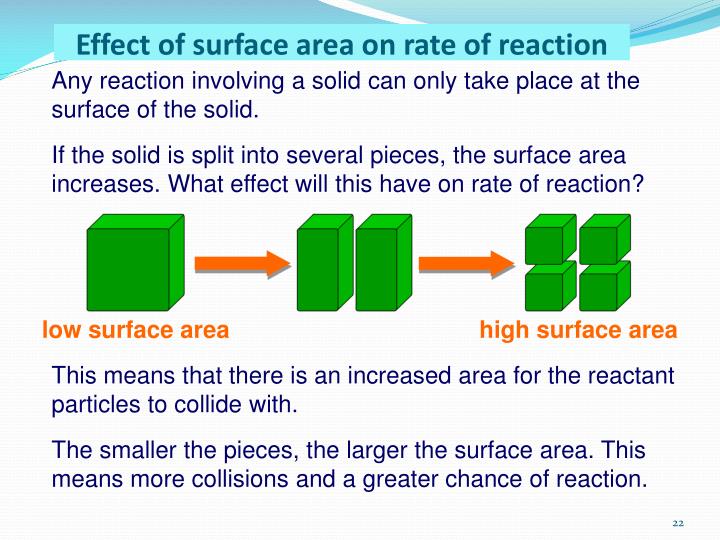 investigating the effects of surface area on the rate of reaction essay By increasing the surface area you are increasing the amount of collisions that will take place in a section of time therefore increasing the rate of reaction. investigating the effects of surface area on the rate of reaction essay By increasing the surface area you are increasing the amount of collisions that will take place in a section of time therefore increasing the rate of reaction.
