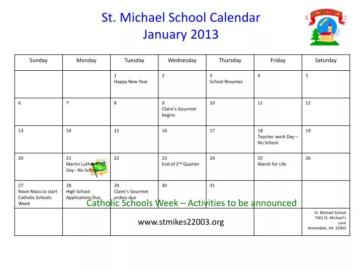 PPT St. Michael School Calendar January 2013 PowerPoint Presentation